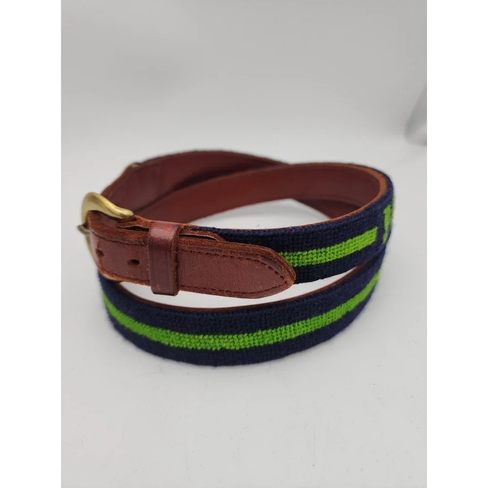 Brown Leather Belt Embroidered MJB Navy Green Stripes, Brass Buckle 36.5